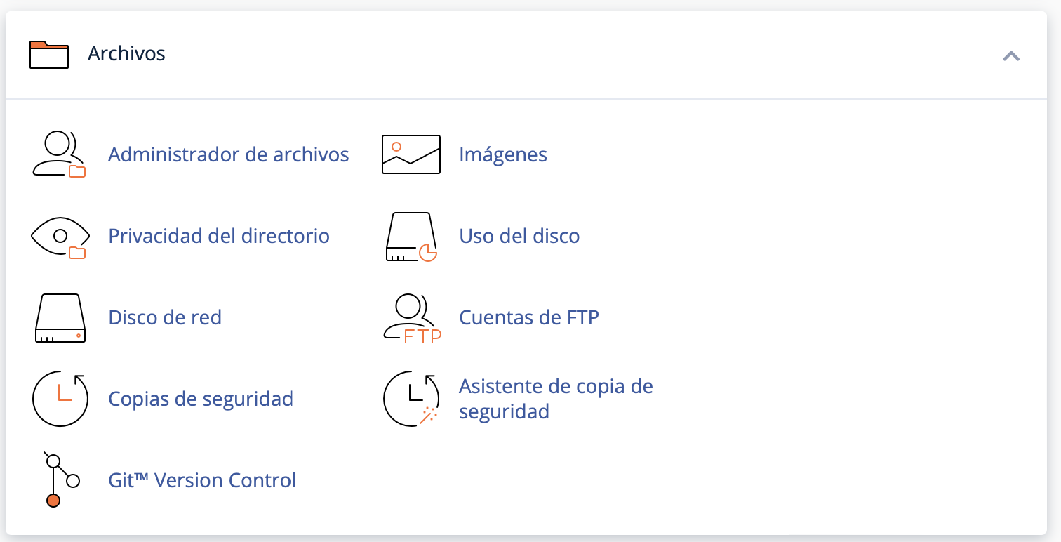 Captura de pantalla de cPanel mostrando la sección Archivos